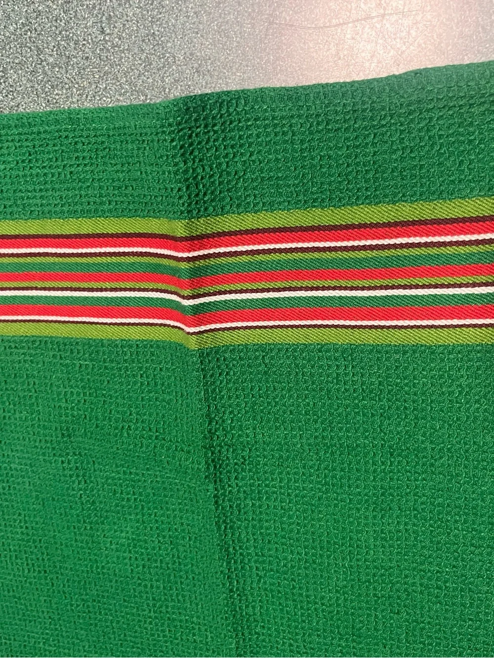 Bed Bath & Beyond Green Waffle-Weave Towel with Red and White Stripe Accents